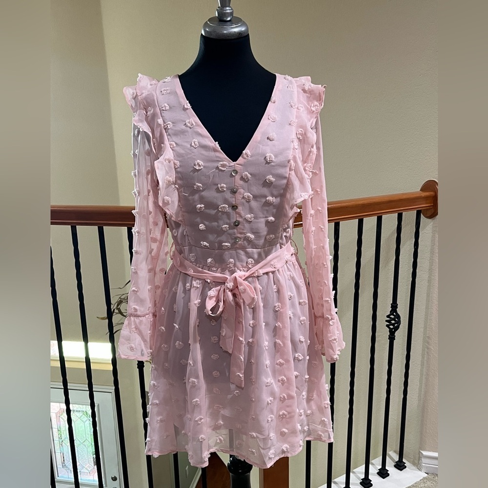 Woven Pink SWISS DOT, V NECK RUFFLE TRIM LONG SLEEVE FEMININE MINI DRESS SIZE M
